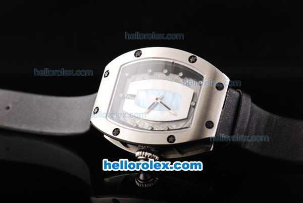 Richard Mille RM007 Silver Case with Black/White/Blue Dial-Diamond Hour Markers and Black Leather Strap - Click Image to Close